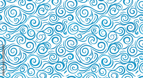 Abstract seamless swirl pattern with flowing blue curves, decorative ornamental background, elegant wave design, and repeating artistic texture for creative applications