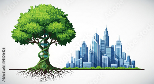 Tree with dna helix trunk standing before a futuristic cityscape with skyscrapers under a white background symbolizing nature and urban life balance