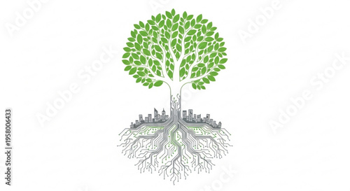 Tree with green leaves and roots growing around cityscape on white background symbolizing urban nature and sustainability
