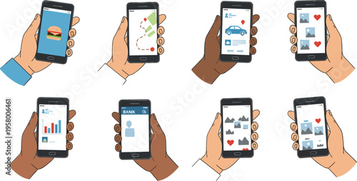 Diverse Hands Holding Smartphones with Various Mobile App Interfaces Including Food Delivery, Navigation, Ride Sharing, Social Media, and Data Analytics Vector Illustration
