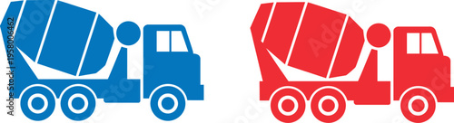 Two colorful cement mixer trucks facing opposite directions on a plain background