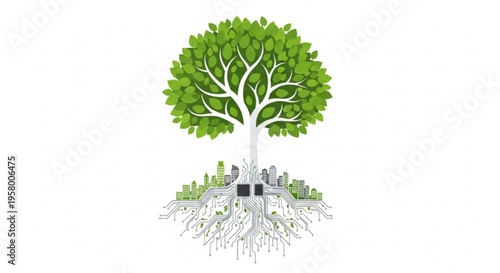 Tree with green leaves and roots growing around cityscape symbolizing nature and urban harmony