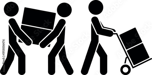 Team members collaborating to move and transport boxes with a cart and by hand