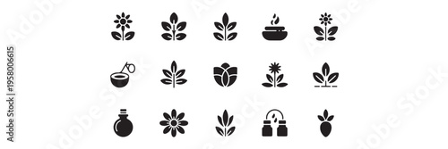 Natural cosmetics and organic skincare icons including herbal leaf extracts and floral beauty ingredients for wellness and spa product design
