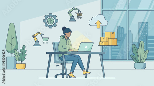 A woman working on a laptop with automated logistics icons around her