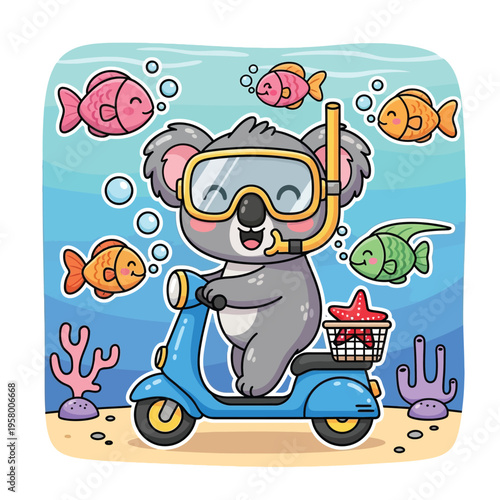 Cute Koala Riding Scooter Underwater with Snorkel.