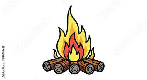 Colorful illustration of a campfire with striking flame shapes silhouette
