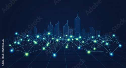 Glowing network connections with city skyline background at night representing technology and urban infrastructure
