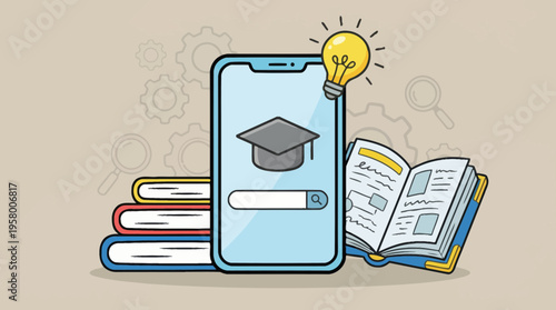 Online education and learning concept with mobile phone and books