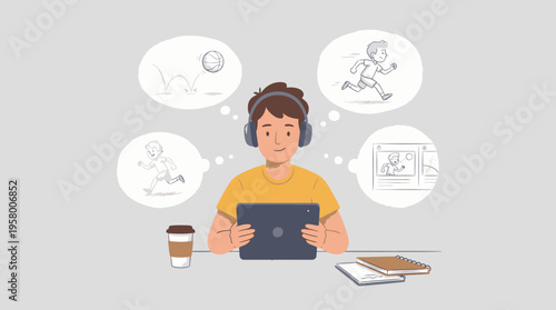 A boy sitting at a table with a tablet and thinking about sports