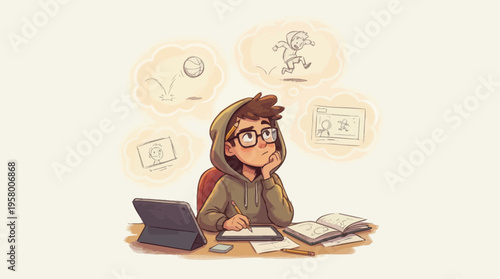 A boy sitting at a desk with thoughts of sports and video games