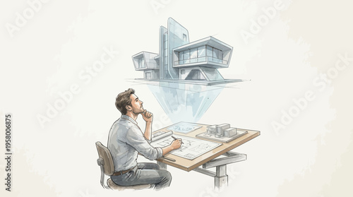 A man sitting at a desk with a house floating above