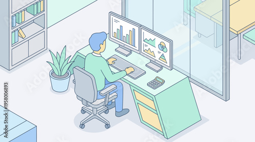 A man sitting at a desk with two computer monitors