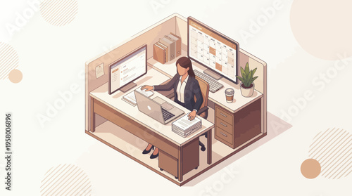 A woman working at a desk with a laptop and two monitors