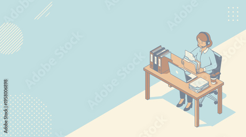 A woman sits at her desk with a laptop and papers