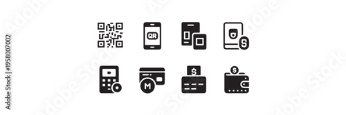 QR code, mobile payment, calculator, credit card, and wallet icons for digital financial transactions