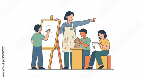 A teacher and her students are engaged in a creative art class