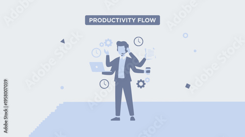 A man in a suit is surrounded by clocks and gears while working on a laptop