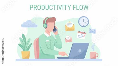 A man in a green sweater is working on his laptop while on a phone call