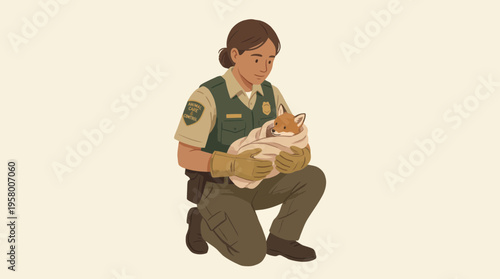 Animal control officer holding a wrapped up baby fox