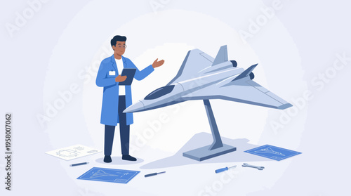 Engineer standing next to a fighter jet model