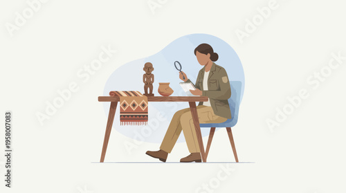 A woman examines artifacts with a magnifying glass