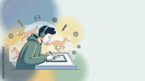 A man wearing headphones is drawing on a tablet with foxes and objects floating around him