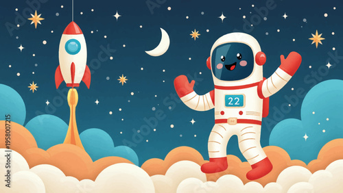 Vector astronaut illustration with rocket launch