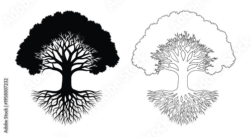Two contrasting tree designs one a dramatic black silhouette