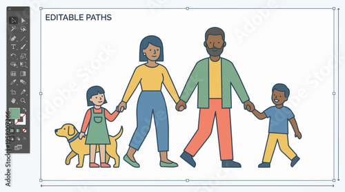 A family of four walking with their dog in a graphic design program