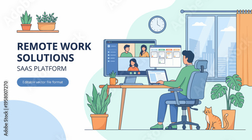 A man working remotely on a computer with video call on the screen