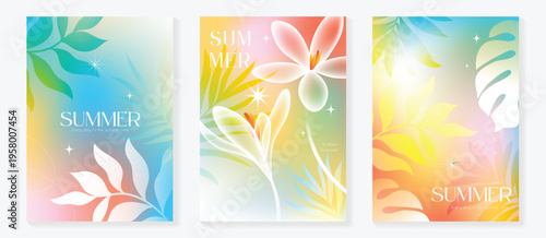 Summer floral poster vector set with pink orange gradient orchid, lily and blossom flowers. Tropical botanical background collection for seasonal promotion, beach holiday flyer, wall art .