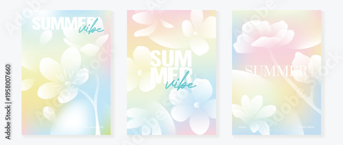 Summer floral poster vector set with soft pastel gradient hibiscus and plumeria flowers. Tropical botanical background collection for seasonal promotion, beach holiday flyer, wall art and social media