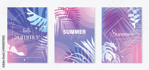Summer tropical poster vector set with pastel gradient monstera and palm leaves. Modern botanical background collection for beach holiday flyer, seasonal promotion, wall art and social media design.