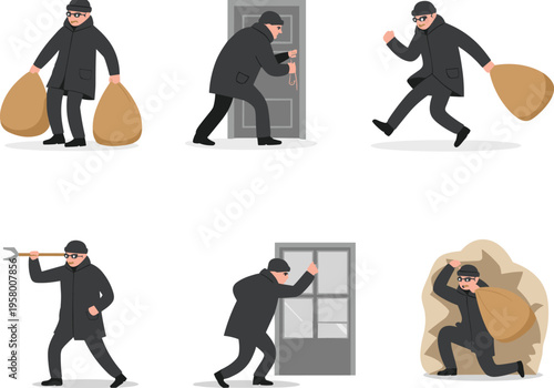 Cartoon thief character set stealing valuables, burglar actions breaking door and window, running with sack in flat illustration style