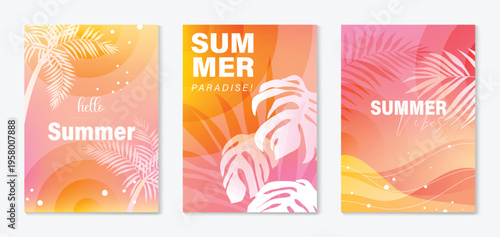 Summer poster vector set with tropical palm leaves and bright orange yellow green gradient background. Botanical holiday flyer collection for beach party, vacation promotion and seasonal wall art.