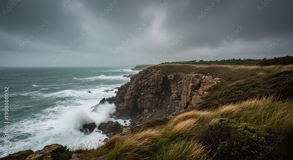 Obraz premium 重厚な曇り空の下 荒れる海が断崖に力強く打ち寄せる劇的な海岸風景 波飛沫が舞い上がる瞬間