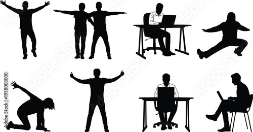 Silhouette illustration of eight people in various poses including laptop work, expressive gestures, squatting, crouching, and sitting activities