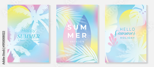 Summer tropical poster vector set with pastel gradient monstera and palm leaves. Modern botanical background collection for beach holiday flyer, seasonal promotion, wall art and social media design.