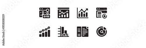 Set of eight business analytics icons representing data visualization financial reports and market trends over time