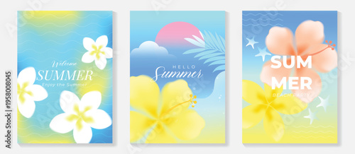 Summer floral poster vector set with pink orange gradient orchid, lily and blossom flowers. Tropical botanical background collection for seasonal promotion, beach holiday flyer, wall art .