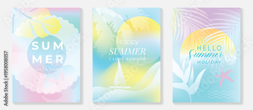 Summer poster vector set with pastel tropical leaves, abstract flowers, sailboat and beach holiday elements. Colorful gradient background collection for vacation invitation, seasonal flyer, wall art.