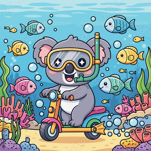 Cute Koala Wearing Snorkel Riding Scooter Underwater.