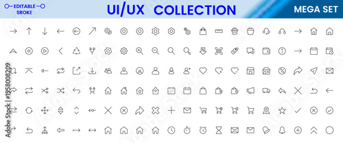 UI UX mega editable icon set with interface elements, dashboard, mobile app and web design symbols modern outline vector collection