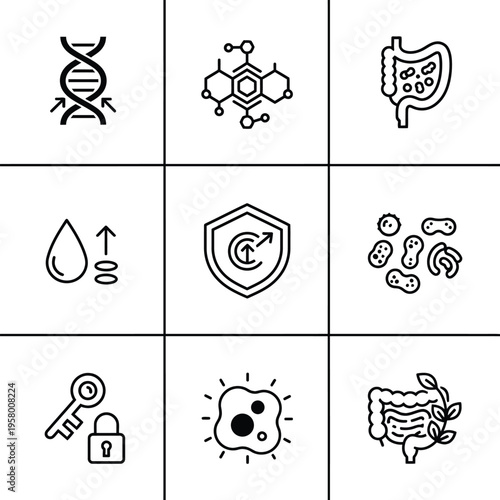 Microbiome Health and Gut Wellness Icons Set.