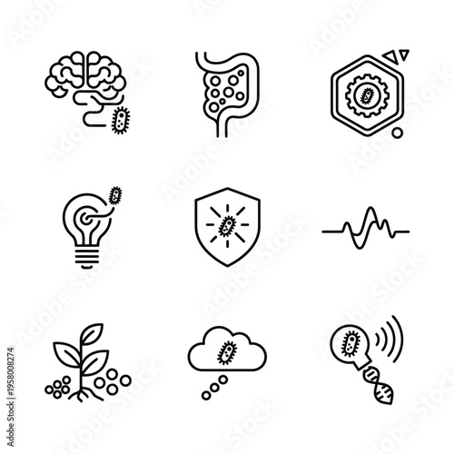Microbiome science icons set for health and research.