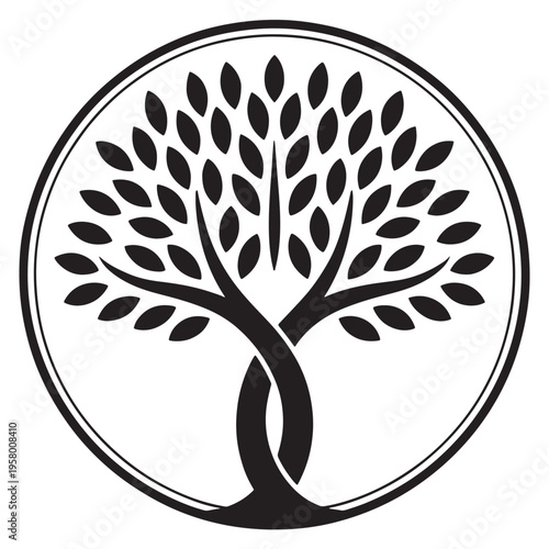 A minimalist black and white circular emblem featuring an abstract tree with intertwined trunks