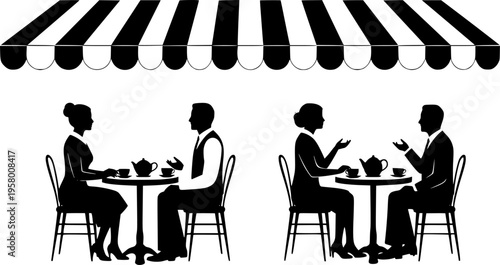 Elegant outdoor cafe silhouettes: People dining under striped awning in retro style. Design for restaurant menus, European travel brochures, or interior wall decals. Transparent EPS version.