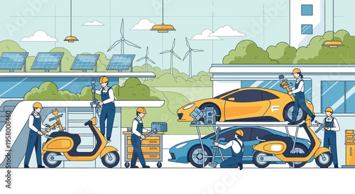 Mechanics Working on Electric Vehicles and Scooters in a Modern Workshop.