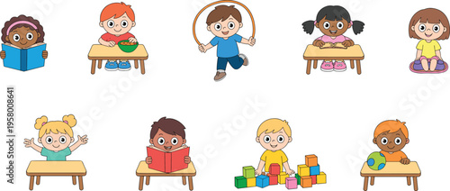 Cute kids learning and playing set, children reading studying eating and playing activities in classroom cartoon style illustration collection